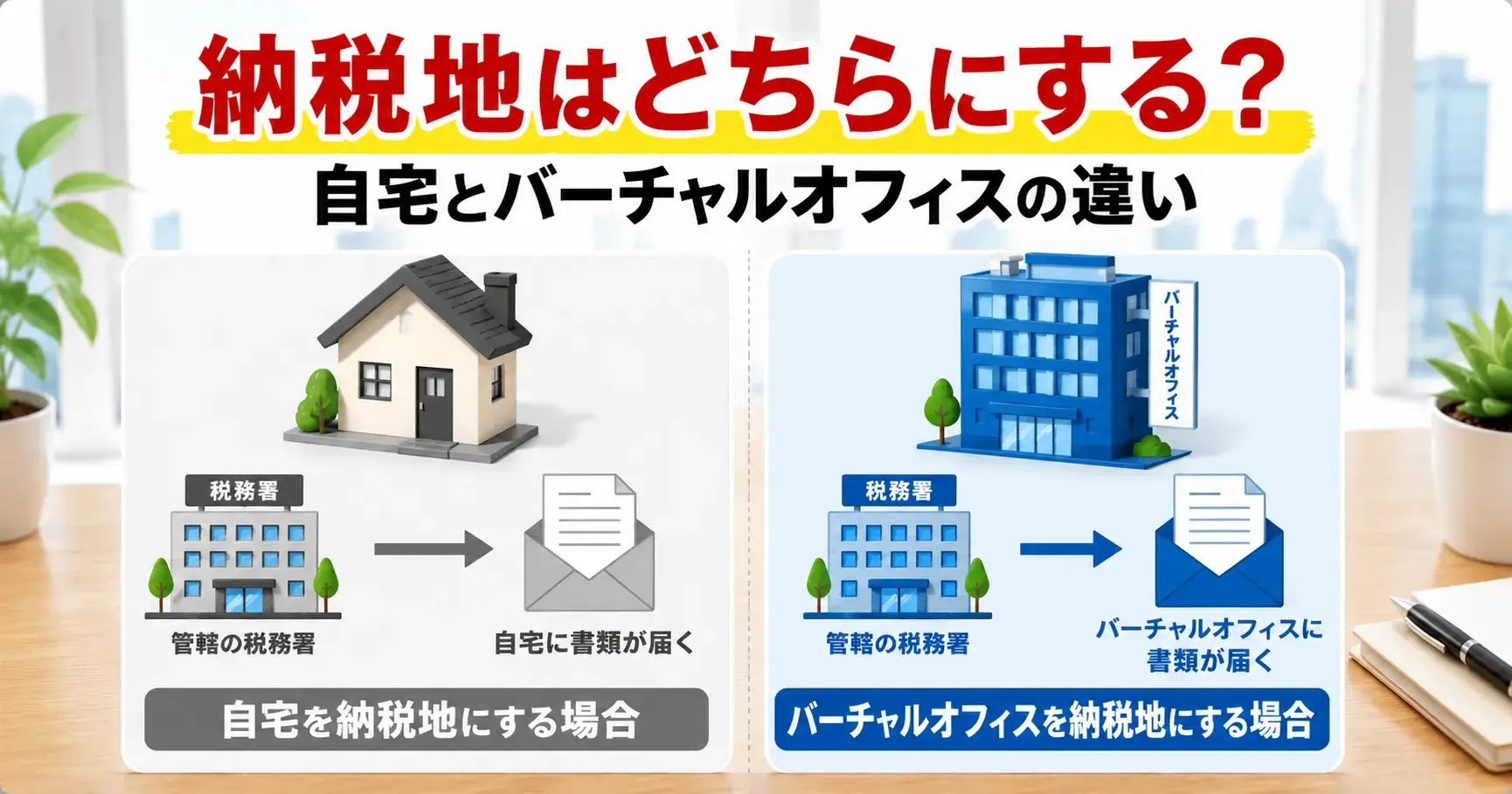 自宅とバーチャルオフィスを納税地にする場合の違い